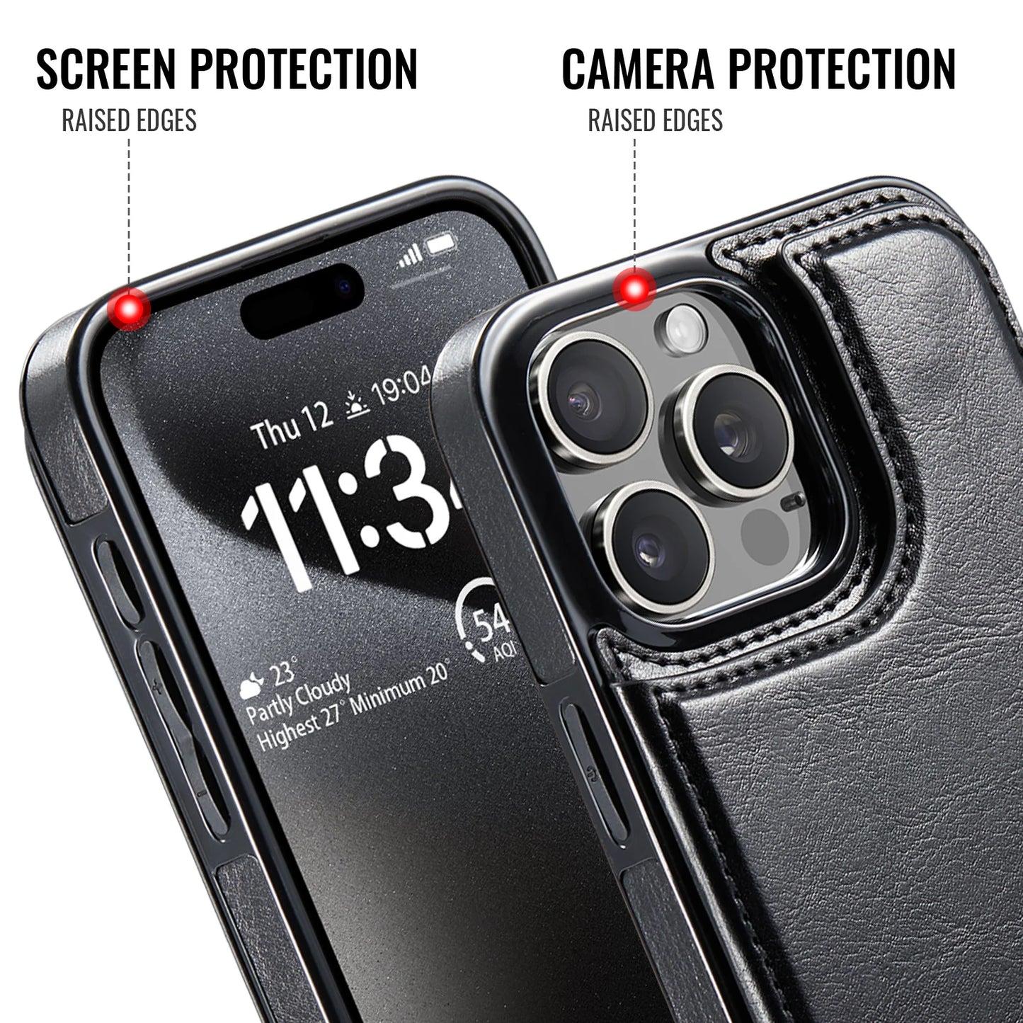 Coque en cuir PU pour iPhone avec béquille, porte-cartes, double fermoir magnétique