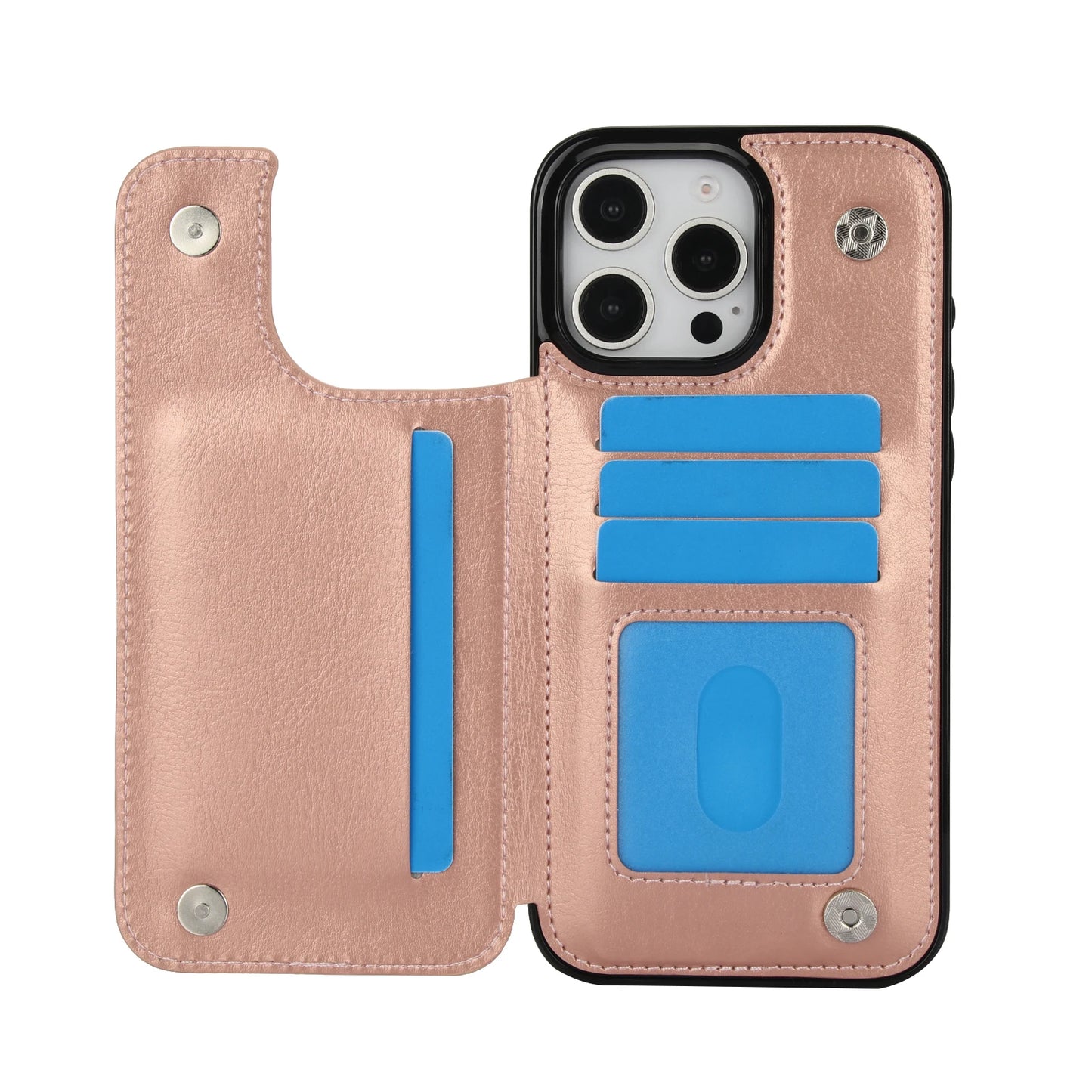 Coque en cuir PU pour iPhone avec béquille, porte-cartes, double fermoir magnétique