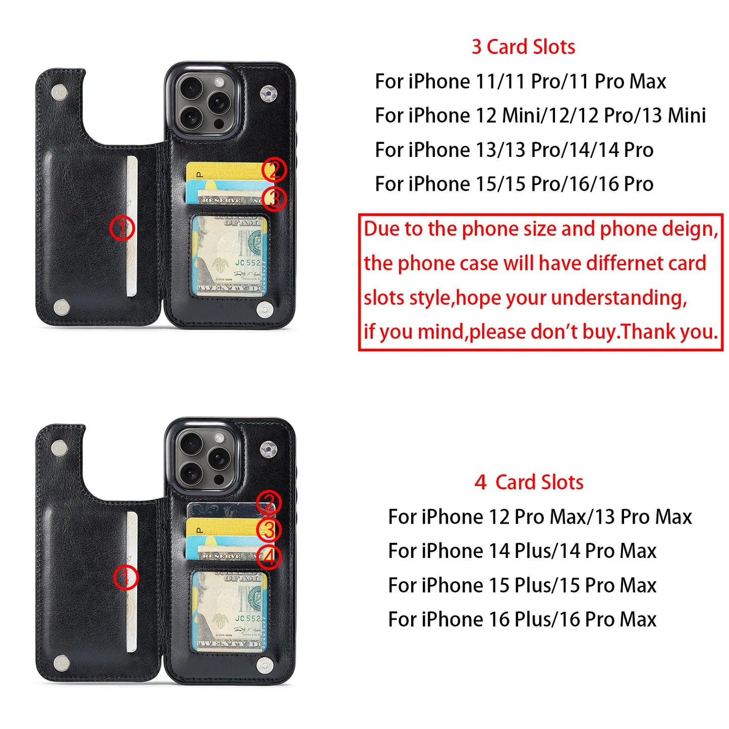 Coque en cuir PU pour iPhone avec béquille, porte-cartes, double fermoir magnétique