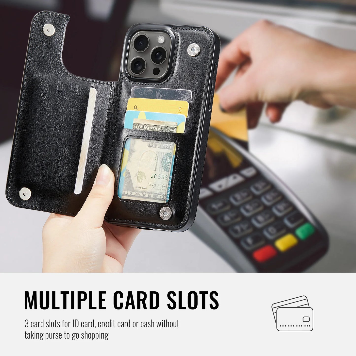 Coque en cuir PU pour iPhone avec béquille, porte-cartes, double fermoir magnétique
