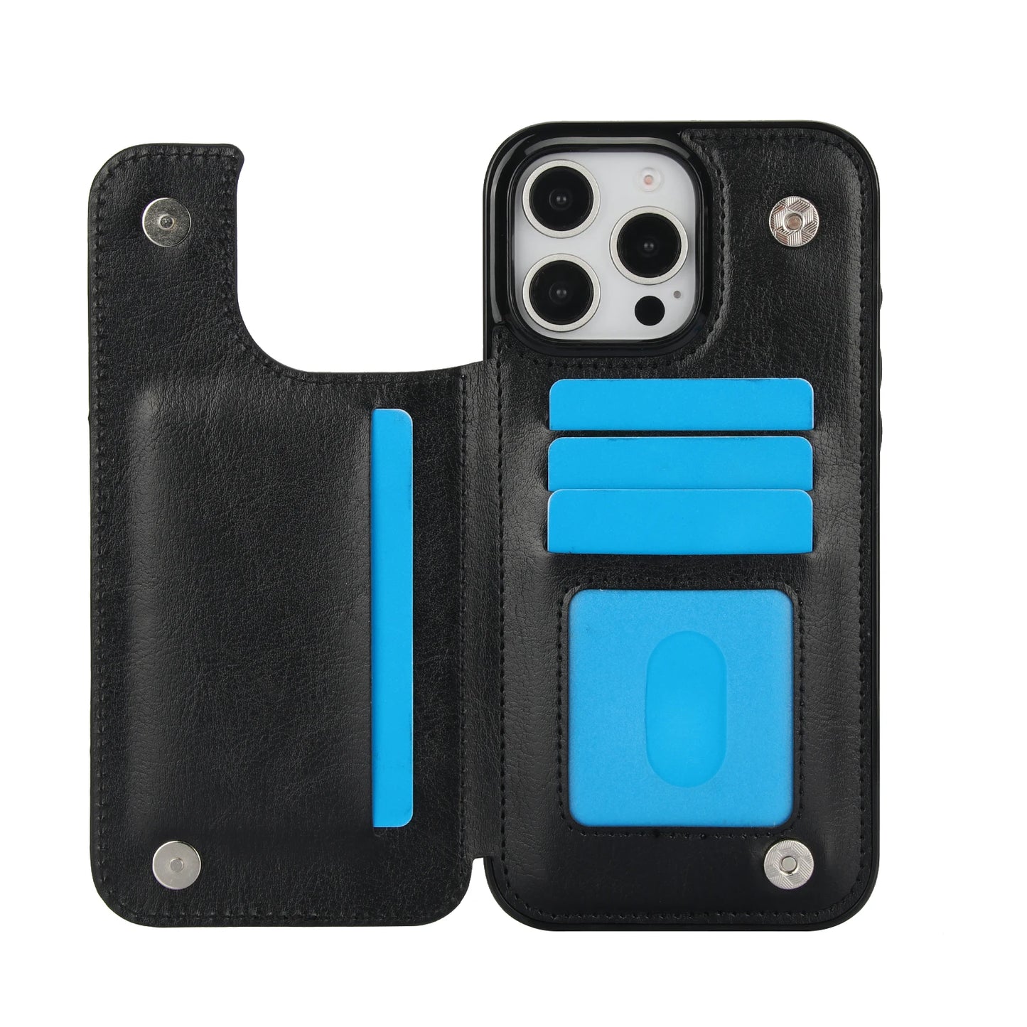 Coque en cuir PU pour iPhone avec béquille, porte-cartes, double fermoir magnétique
