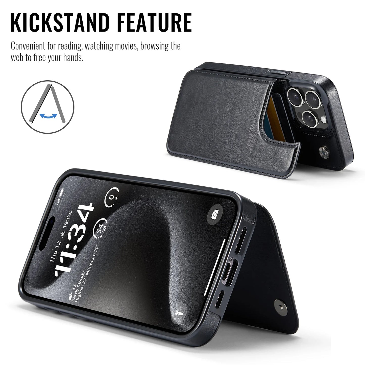 Coque en cuir PU pour iPhone avec béquille, porte-cartes, double fermoir magnétique