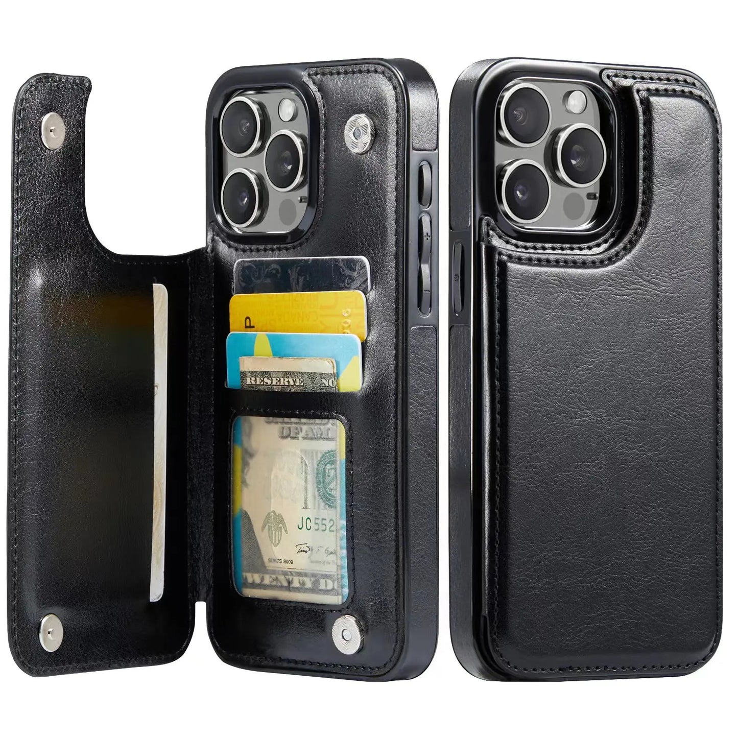 Coque en cuir PU pour iPhone avec béquille, porte-cartes, double fermoir magnétique